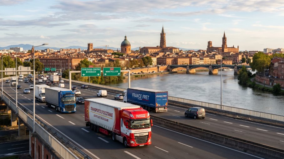 Camions Transports d'Occitanie et France Fret sur le périphérique toulousain au-dessus de la Garonne